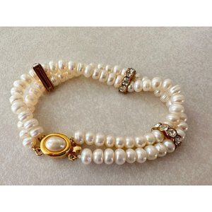 Vintage genuine white pearls gold tone rhinestones 2 strand beaded bracelet